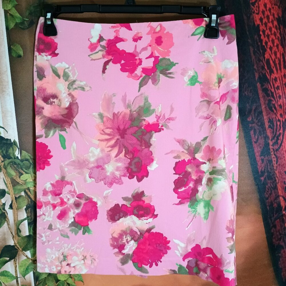 ECU Talbots Sz 8P Pink Floral Watercolor Cotton Spandex Pencil Skirt